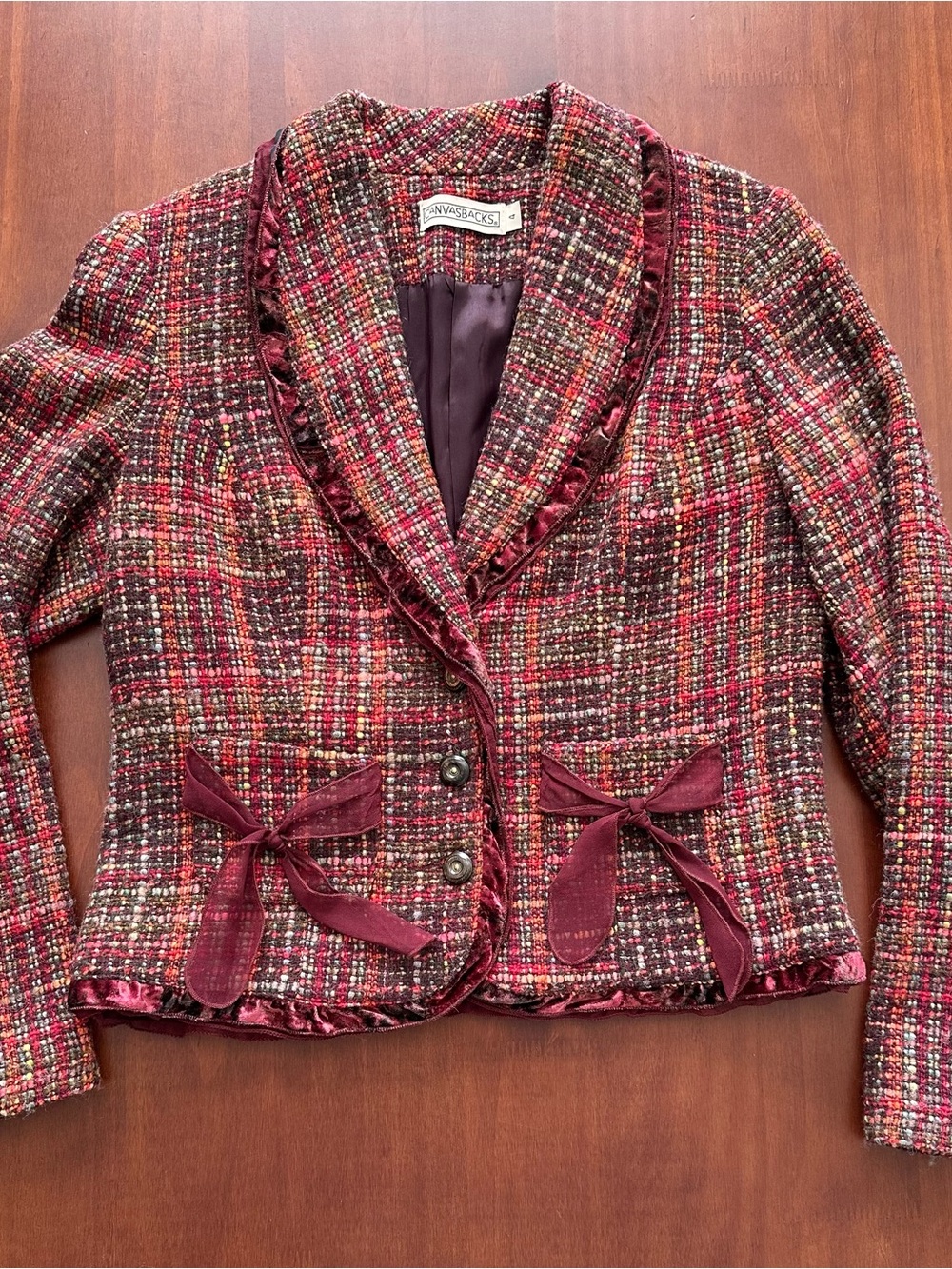 Corporatecore Vintage Burgundy Multicolor Tweed Cropped Bow-Front Blazer Wool